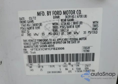 2012 Ford F150 Super Cab z USA, uszkodzony, nr VIN 1FTEX1CM1CFB23006